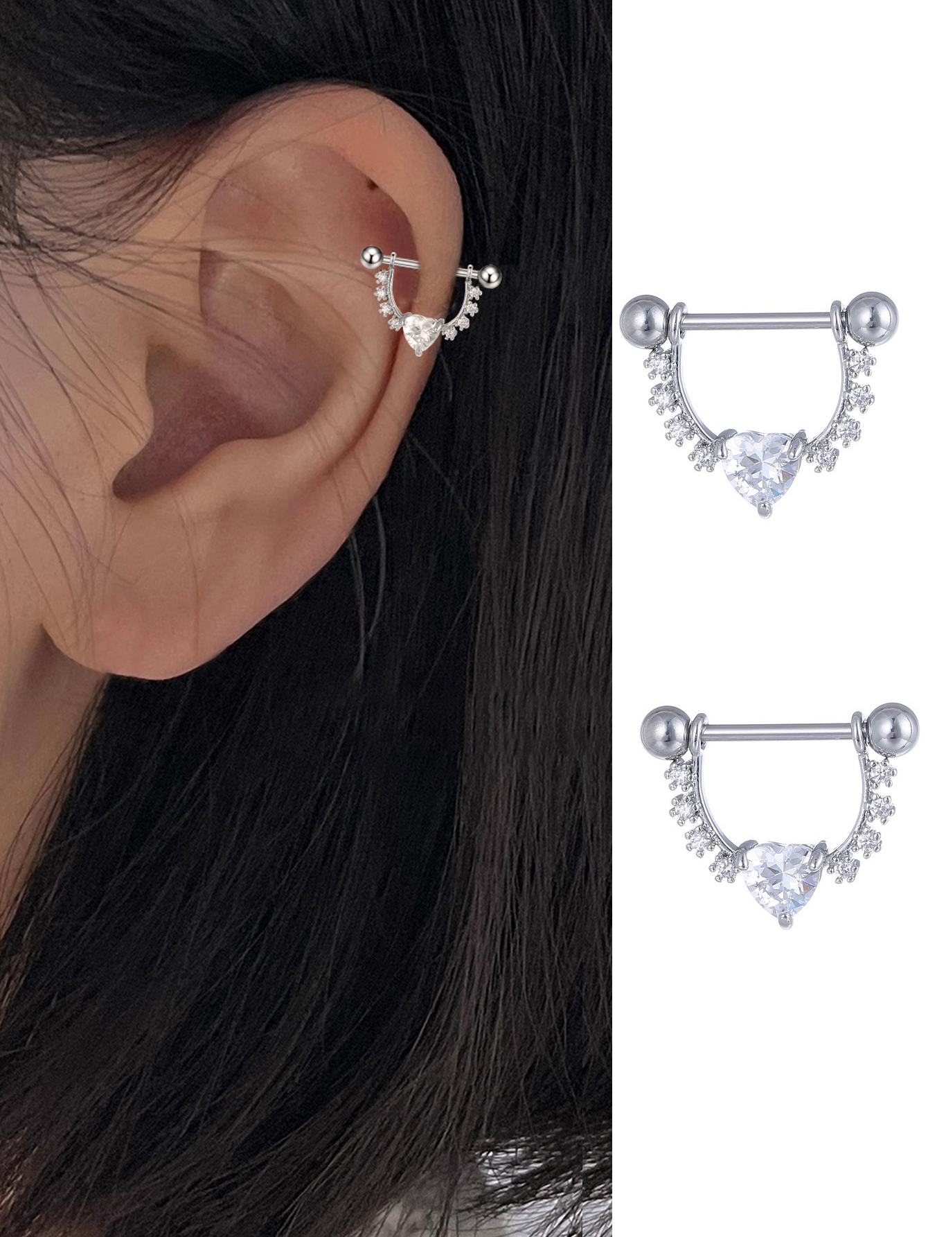 SE4015 1对女士耳环 时尚不锈钢镶嵌锆石爱心穿刺拧螺丝耳骨钉 朋克穿刺日常配饰