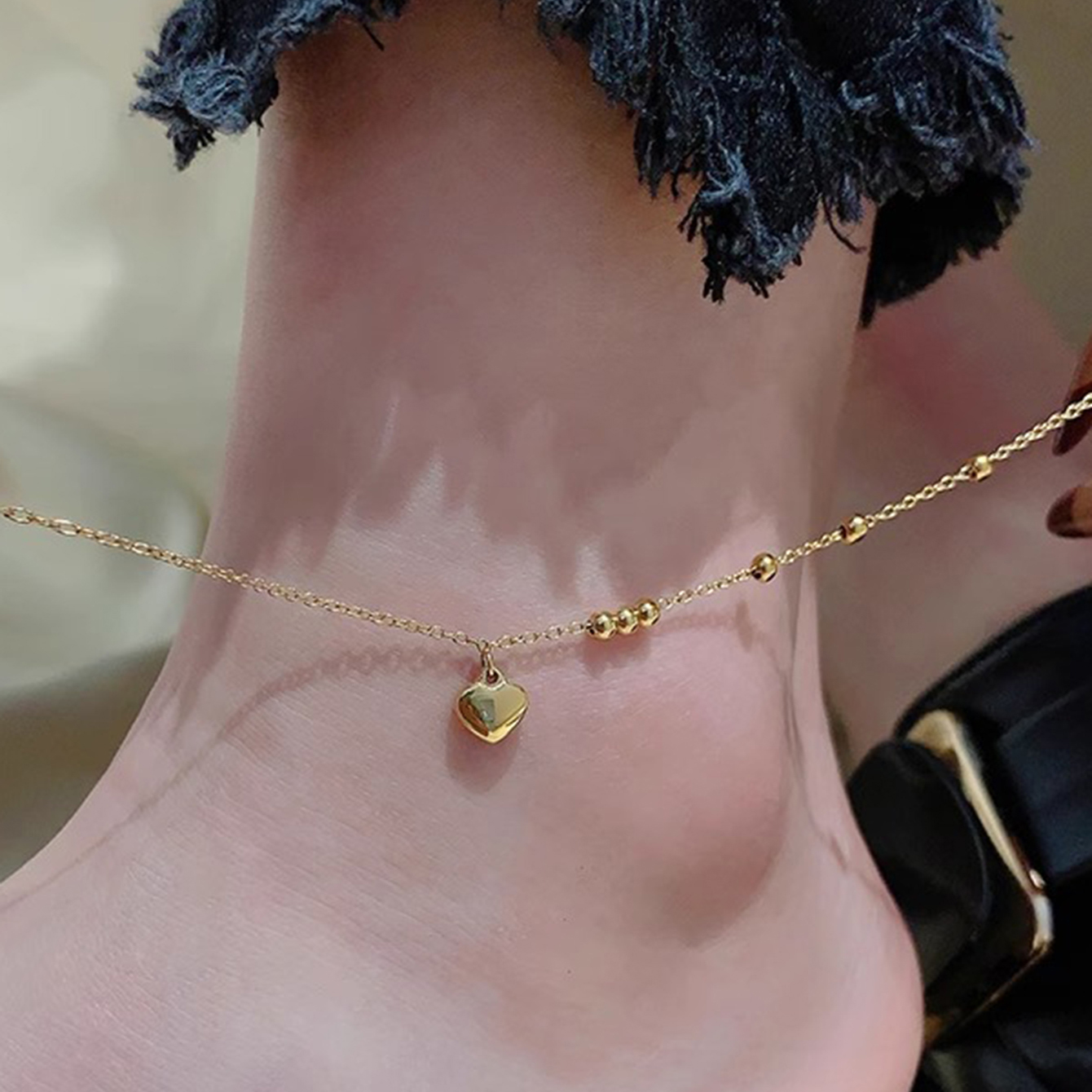 SE3975 1条女士脚链 不锈钢圆珠爱心脚链 日常配饰礼品