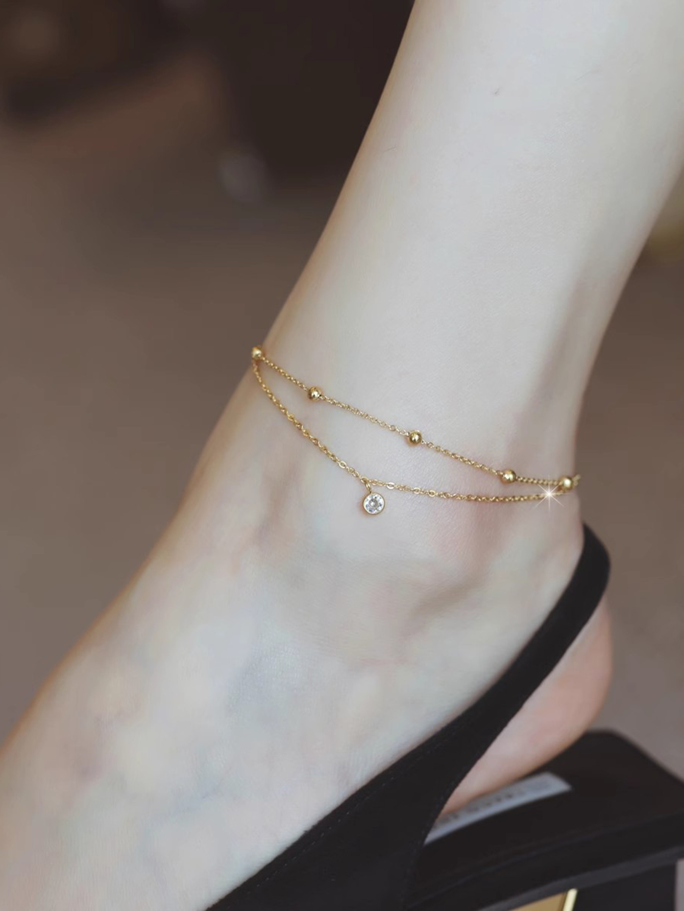 SE3971 1条多层女士脚链 不锈钢镶嵌人造水钻流苏脚链 日常沙滩叠戴配饰礼物赠品 (圆珠颗数随机）